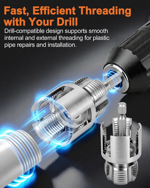 Drill-compatible carbon steel threading tool for smooth internal and external threading on PVC pipes, Heavy Duty 3PCS Carbon Steel Pipe Threading Tool Kit For 1/2 3/4 And 1 Inch PVC Pipes Drill Compatible Die Set With Gloves And Tape Smooth Threads Essential Gear For Professional Plumbing Jobs And Home Repair Projects Easy Setup.