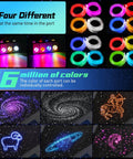Split 4 Colors 12W Car Starlight Headliner Kit with RGBW fiber optic strands shown with multicolor lights and star patterns.