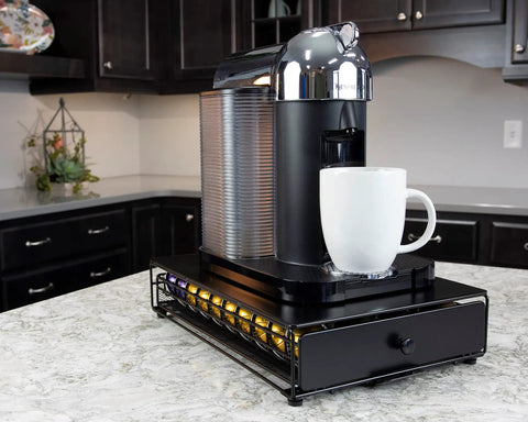 Vertuoline Rolling Coffee Pod Drawer Satin Black, 40 Pod Holder with coffee maker and mug on kitchen counter