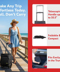 Woman using Ultra Compact Cooler Cart With Wheels Folds Flat For Easy Storage Holds 36 Cans Insulated Leak Proof Trolley.