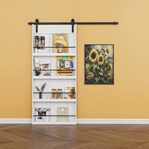 Paintable 36x84 Barn Door With 6.6 Ft Hardware Kit Delivers Space-Saving Sliding Design And Built-In Storage Shelf in living room