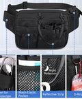 Nurse Fanny Pack With Tape Holder And Multi Pocket Medical Gear Organizer Belt Bag For Stethoscopes Bandage Scissors And Medical Supplies Durable Water Resistant Waist Apron Style For Nurses, showing mesh pockets and reflective strip.
