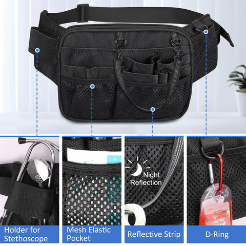 Nurse Fanny Pack With Tape Holder And Multi Pocket Medical Gear Organizer Belt Bag For Stethoscopes Bandage Scissors And Medical Supplies Durable Water Resistant Waist Apron Style For Nurses, showing mesh pockets and reflective strip.