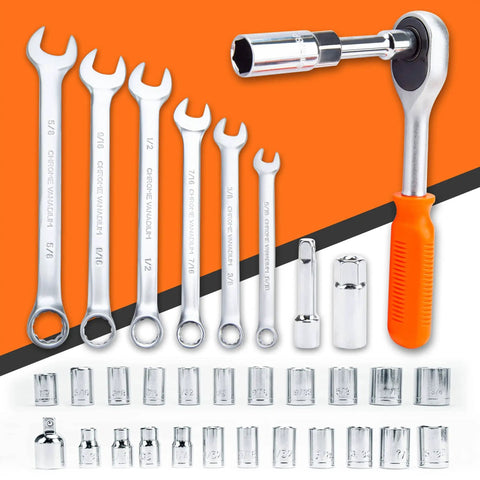 All In One 238 Piece Socket Wrench Auto Repair And Home DIY Tool Set with chrome wrenches and sockets on display.