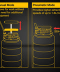 Diagram showing manual and pneumatic modes of Big 15L Pneumatic And Manual Oil Extractor Pump for Cars, Boats, and Lawn Mowers.