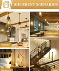 Vintage Edison Style LED Bulbs That Give Off A Retro Vibe in various indoor settings like kitchen, restaurant, bedroom, stairs.