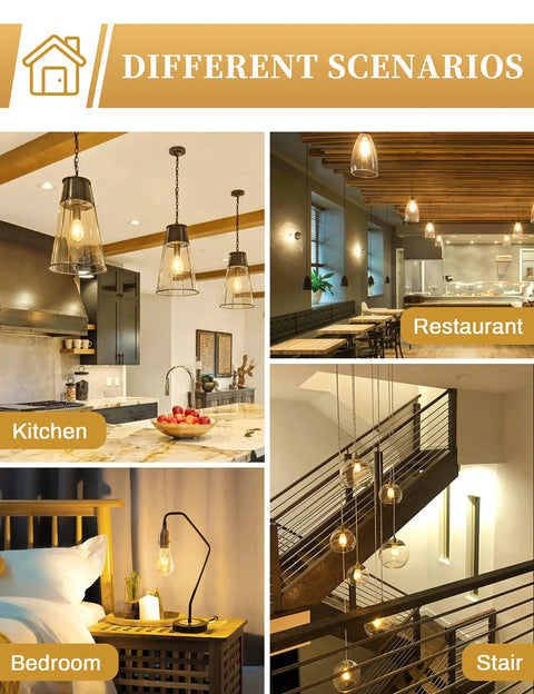 Vintage Edison Style LED Bulbs That Give Off A Retro Vibe in various indoor settings like kitchen, restaurant, bedroom, stairs.
