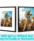 16x20 Picture Frame With Mat For 11x14 Photo Black 2 Pack HD Glass Wide Molding Removable Mat Preinstalled Wall Mounting Hardware Modern Gallery Style For Prints Posters And Photos displayed vertically with tropical image.