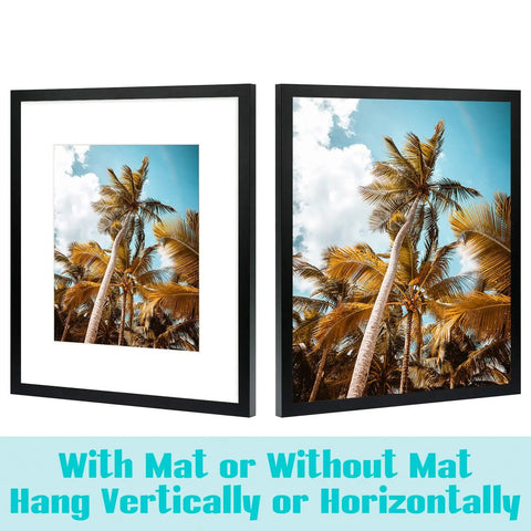 16x20 Picture Frame With Mat For 11x14 Photo Black 2 Pack HD Glass Wide Molding Removable Mat Preinstalled Wall Mounting Hardware Modern Gallery Style For Prints Posters And Photos displayed vertically with tropical image.