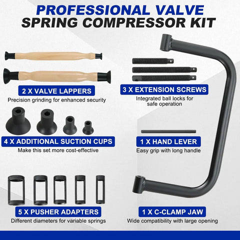 Valve Spring Compressor And Lapping Set With 4 Suction Plates For Motorcycles ATVs Cars And Small Engines Heavy Duty C Clamp Service Kit Pro Grade Valve Tool Kit Blue components display.