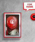 Fire extinguisher inside signage with red casing and transparent cover, designed for home use.