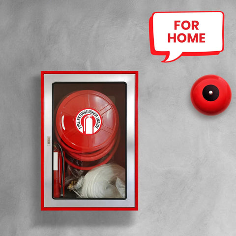 Fire extinguisher inside signage with red casing and transparent cover, designed for home use.