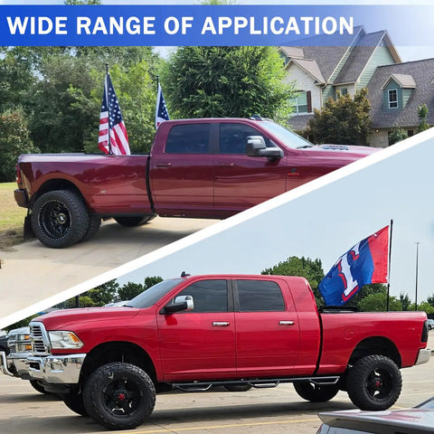 Universal Truck Flag Pole Mount Holder Clamps Poles Up To 1.2 Inches on a red pickup truck with flags displayed.
