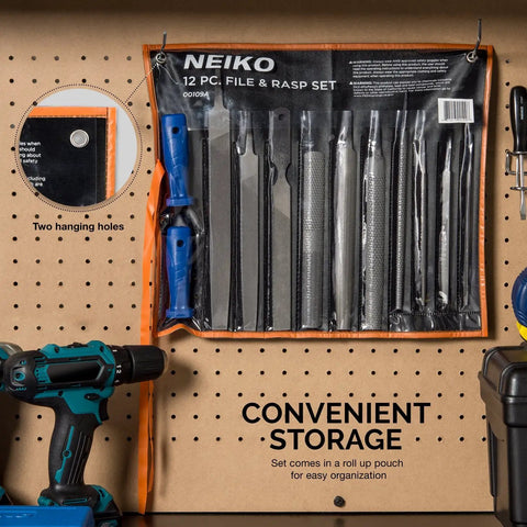Pro Grade Metal File And Rasp Set 12 Piece With 10 8 And 6 Inch on pegboard with drill visible