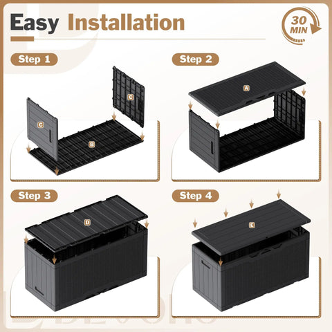 Four-step assembly instructions for 100 Gallon Waterproof Resin Deck Box With Lockable Lid For Patio Cushions And Garden Tools, Large Outdoor Storage Chest For Indoor Or Outdoor Use Black Weatherproof.