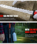 PINOZE 11-inch insulation knife with stainless steel blade and laser SAE/metric scale; close-up blade, belt sheath.