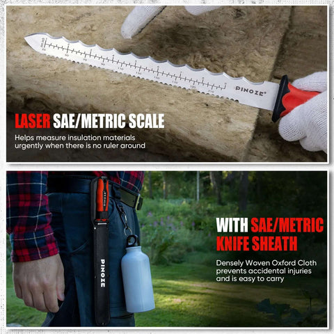 PINOZE 11-inch insulation knife with stainless steel blade and laser SAE/metric scale; close-up blade, belt sheath.