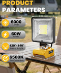 38W 3800LM LED Work Light For Dewalt 20V Battery, cordless floodlight on table with specs shown for lumen and beam angle.