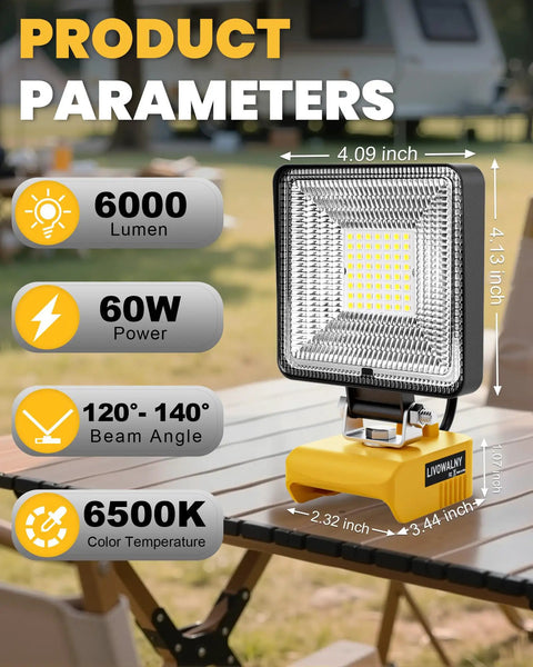 38W 3800LM LED Work Light For Dewalt 20V Battery, cordless floodlight on table with specs shown for lumen and beam angle.