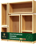 Premium Five Piece Bamboo Drawer Organizer Set Featuring Versatile Storage Trays For Kitchen Bedroom And Office Transform Junk Drawers Instantly, showing five bamboo trays.