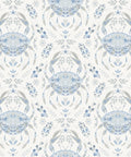 Blue Shellby Peel And Stick Wallpaper With Coastal Crab Damask Print, Repositionable and Removable on display, features pastel blue crabs.