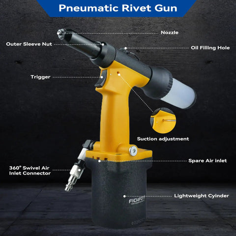 Pro-Grade Pneumatic Rivet Gun Kit With Self-Suction Auto Feed, yellow air riveter showing labeled parts and nozzles