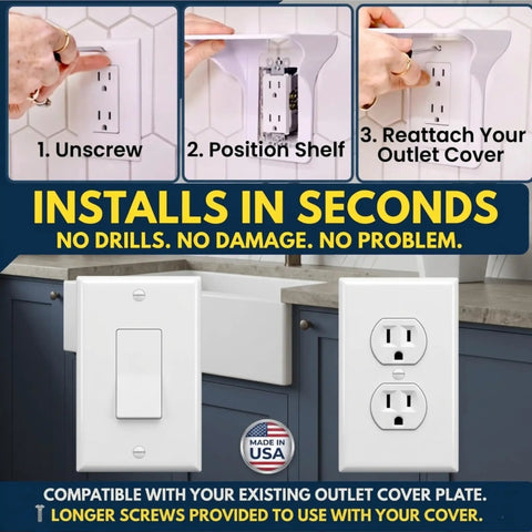 Floating Wall Outlet Shelf With Cord Storage Strap For Bedroom, Bathroom And Kitchen No Drill Needed To Reclaim Counter Space And It Fits Echo Dot, Alexa Stand, HomePod Mini, And More In White 1 Pack