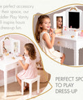 Young girl using Kids Vanity Table Set With Gold Bow for Little Girls, Sturdy White Wood Makeup Desk, ideal for dress-up.