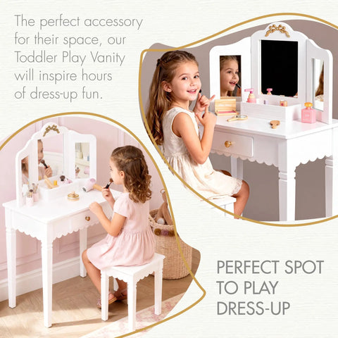 Young girl using Kids Vanity Table Set With Gold Bow for Little Girls, Sturdy White Wood Makeup Desk, ideal for dress-up.