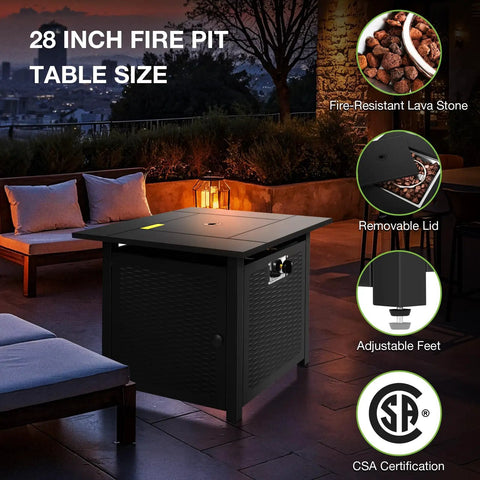 28 Inch Fire Pit Table With 50000 BTU Propane Patio Heater in nighttime backyard setting, showing removable lid and CSA certification.