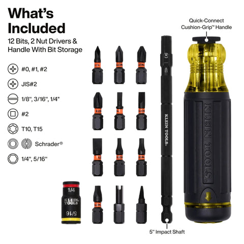 14 In 1 Adjustable Screwdriver With Flip Socket For HVAC Includes 1/4 In And 5/16 In Nut Drivers 12 Bits In Handle Impact Rated