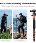 Person using 60 Inch Carbon Fiber Tripod For Cameras Ultralight Travel Buddy in monopod mode by the sea