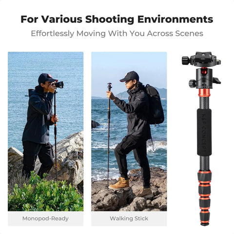 Person using 60 Inch Carbon Fiber Tripod For Cameras Ultralight Travel Buddy in monopod mode by the sea