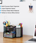 Black Mesh Pen Holder Desk Organizer with Drawer Nine Compartment Stationery Organizer for Dorm School or Office