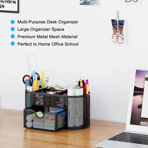 Black Mesh Pen Holder Desk Organizer with Drawer Nine Compartment Stationery Organizer for Dorm School or Office
