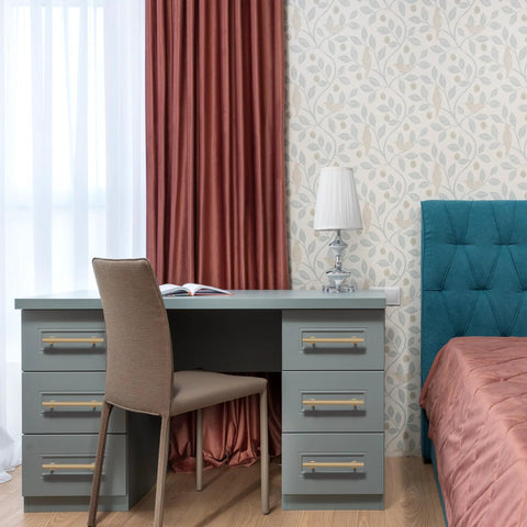 Bedroom desk with 6-Pack Solid Brass Cabinet Pulls In Brushed Gold Finish on drawers, modern furniture hardware.