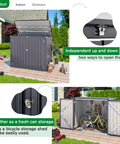 Outdoor Trash Can Storage Shed With 46 Cu Ft Capacity, Waterproof Horizontal Cabinet, showing open doors with bikes inside.