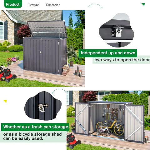 Outdoor Trash Can Storage Shed With 46 Cu Ft Capacity, Waterproof Horizontal Cabinet, showing open doors with bikes inside.