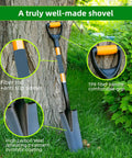 Heavy Duty Spade Shovel For Digging Transplanting And Draining With D Grip And Fiberglass Handle Alloy Steel Construction Versatile Drain Spade For Planting Trenching Loose Soil And Garden Bed Work leaning against a tree with detailed view of handle and blade.