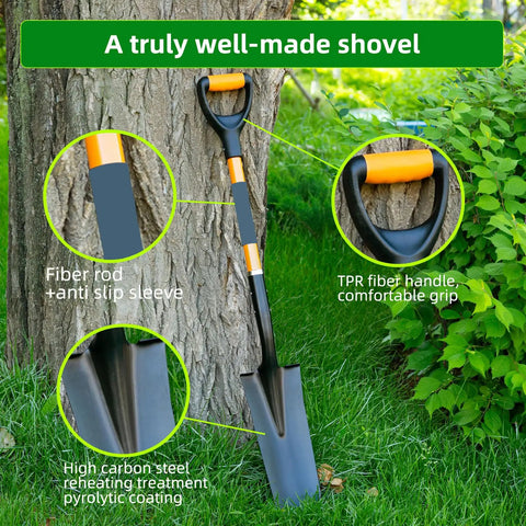 Heavy Duty Spade Shovel For Digging Transplanting And Draining With D Grip And Fiberglass Handle Alloy Steel Construction Versatile Drain Spade For Planting Trenching Loose Soil And Garden Bed Work leaning against a tree with detailed view of handle and blade.