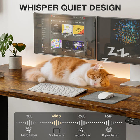 Cat sleeping on rustic brown Electric Standing Desk With Easy Height Adjust, Memory Presets And Cable Management