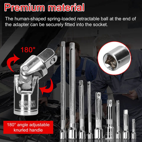 Top Notch 16 Piece Chrome Vanadium Socket Adapter Kit With Tough Extension Rods And Universal Joints For Pro Auto Shops And Home Garage Projects That Get The Job Done Super Fast. chrome vanadium 180° universal joint adapter