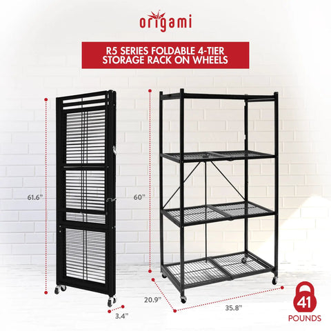 Straight Up Heavy Duty 4 Tier Foldable Steel Storage Rack In Black, Commercial Grade Shelving Unit With No Fuss Snap Together Setup, Multi Functional Organizer For Home Garage Or Basement