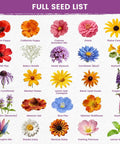 Image of the American Meadow Magic Wildflower Seed Mix Bulk Pack 25 Varieties Non GMO Perennial and Annual Native Seeds for Texas California and Florida Attract Hummingbirds Butterflies and Beautiful Cut Flowers, showing individual flower types like poppies, zinnias, and daisies.