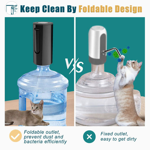 Comparison of foldable vs fixed outlet on 5-gallon water jug with Foldable Water Dispenser Pump, cat playing with outlet.