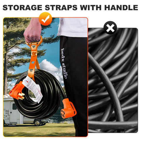 Person holding a 30 Foot 50 Amp RV Extension Cord With Grip Handle Built For Tough Jobs, Heavy Duty STW 6 3 And 8 1 Gauge cord organizer.