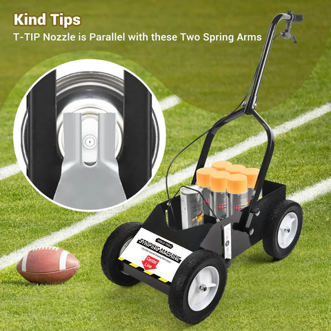 Heavy Duty Striping Line Marking Machine For Parking Lots Sports Fields And Courts Works With Inverted Spray Paint Durable 8 Inch Wheels Easy To Use For Lawn And Turf Marking shown on a sports field with close-up of nozzle.