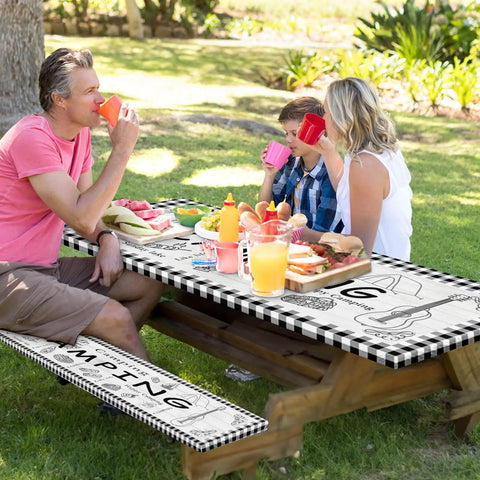Family enjoying outdoors with Three Piece Picnic Table Cover Set With Bench Covers, Elastic Edges, Farm Plaid Fitted Tablecloth