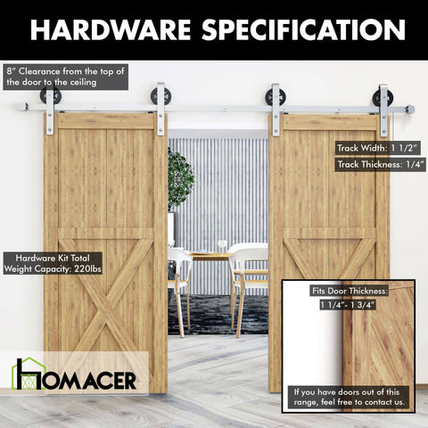 Brushed Nickel Sliding Barn Door Hardware Kit For Double Doors 7 Foot Flat Track Spoke Wheel Rollers shown installed