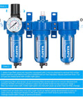 Three-Stage Air System With Zinc Alloy Body, Built Tough, featuring filters and regulator for painting and plasma cutting.